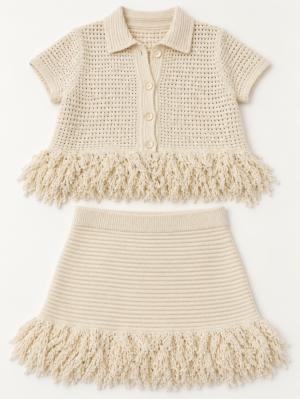 Zara Cream Fringe Knit 2 Piece Set NWT Collared Top & Mini Skirt XL